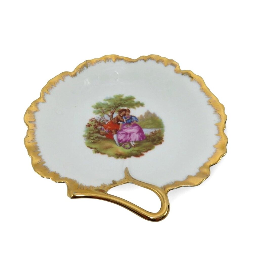 LIMOGES Courting Couple Heart Shaped Candy Dish Gold Trim France Vintage
